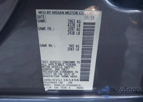 2020 Nissan Altima Sr Fwd from USA, damaged, VIN 1N4BL4CV5LC165498